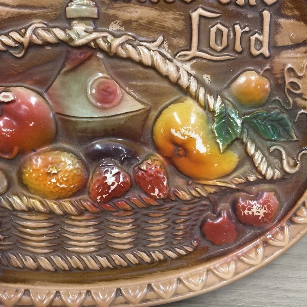 Vintage Wall Hanging Japan Give Thanks Unto The Lord Cornucopia Fruit 1970s